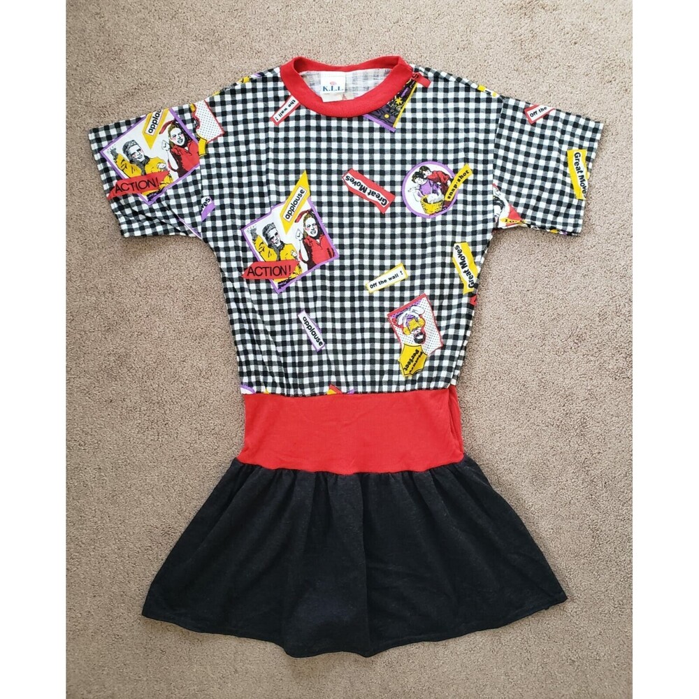 Rare Vintage 80s USA K.L.L. Girls Dress Checkerboard Music Graphic Size 14
